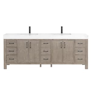 León 84 in.W x 22 in.D x 34 in.H Double Sink Bath Vanity in Fir Wood Grey with White Composite Stone Top