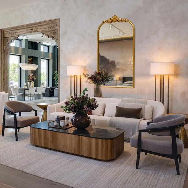 Sxiawe 24 in. W x 35.8 in. H Baroque Classic Antique Gold Arched Stainless Metal Frame Wall Mirror