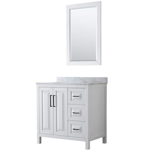 Wyndham Collection Daria 36 in. W x 22 in. D x 35.75 in. H Single Bath Vanity in White with White Carrara Marble Top and 24 in. Mirror
