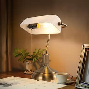 15 in. Gold Bankers Task and Reading Lamp with White Glass Shade and Pull Chain Adjustable Desk Lamp for Office