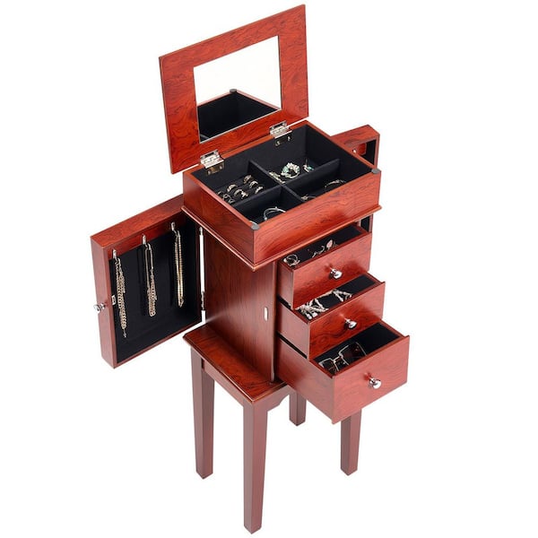 Wood Jewelry Cabinet Armoire, 3 Drawers, Flip-Top Mirror, Zinc Alloy Handles, 2 Side Doors with 6 Hooks, Top Storage