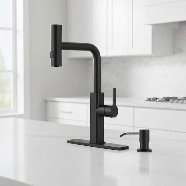 Stainless Steel Single-Handle Pull-Down Sprayer Kitchen Faucet with Soap Dispenser in Matte Black