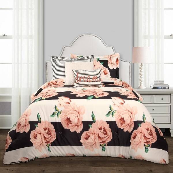 Lush Decor Amara Floral Comforter Black/Dusty Rose 5-Piece Twin XL Set