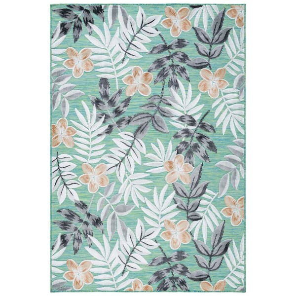 Cabana Blue Green/Gray 5 ft. x 8 ft. Botanical Floral Indoor/Outdoor Area Rug