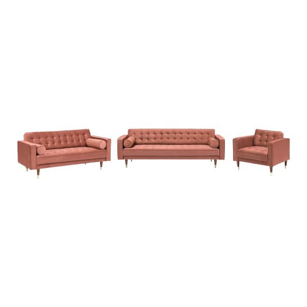 Armen Living Somerset Blush Velvet Mid Century Modern Sofa Seating Set