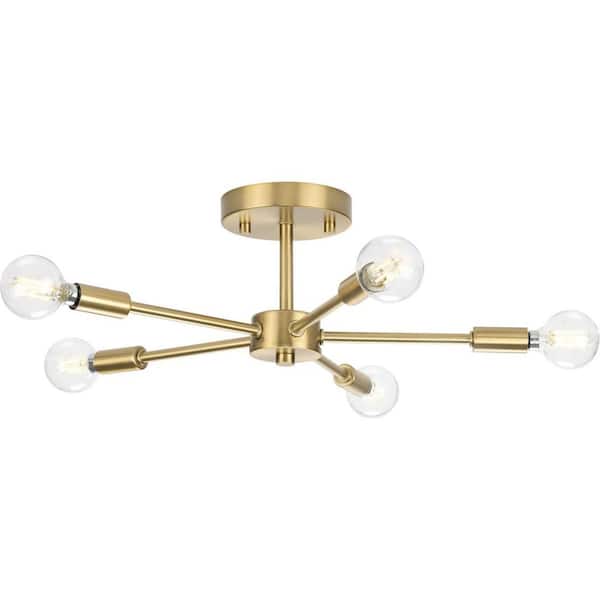 Progress Lighting Delayne 16 in. 5-Light Brushed Bronze Semi-Flush Mount with Etched Glass Shades for Bedroom or Hallway