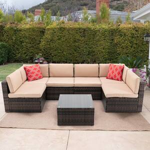 7-Pieces Rattan Wicker Outdoor Garden Sectional Sofa Set with Roof 2 Pillow 1 Coffee Table Modular Beige Cushion