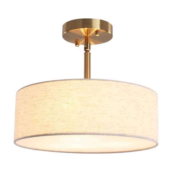 LWYTJO 12.6 in. 3-Light Gold Farmhouse Drum Semi-Flush Mount Light with Linen Cover