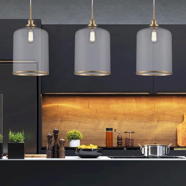 Dorina 1-Light Antique Gold Mason Jar Hanging Pendant Light Fixture with Clear Glass Shade