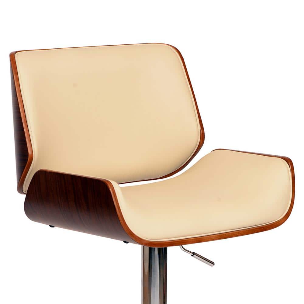 Cream Faux Leather Adjustable Swivel Bar Stool with Walnut and Chrome