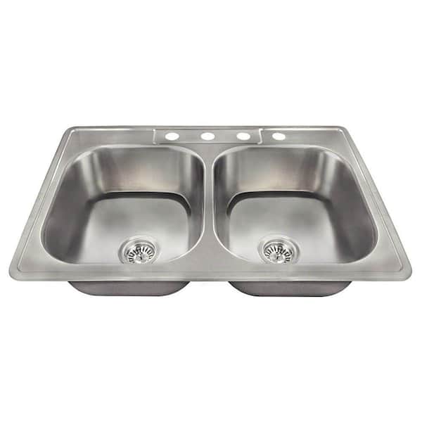Polaris Sinks Drop-in Stainless Steel 33 in. 4-Hole Double Bowl Kitchen Sink Kit