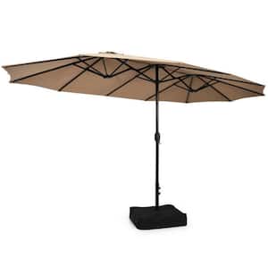 15 ft. Double-Sided Twin Market Patio Umbrella in Brown with Crank and Base
