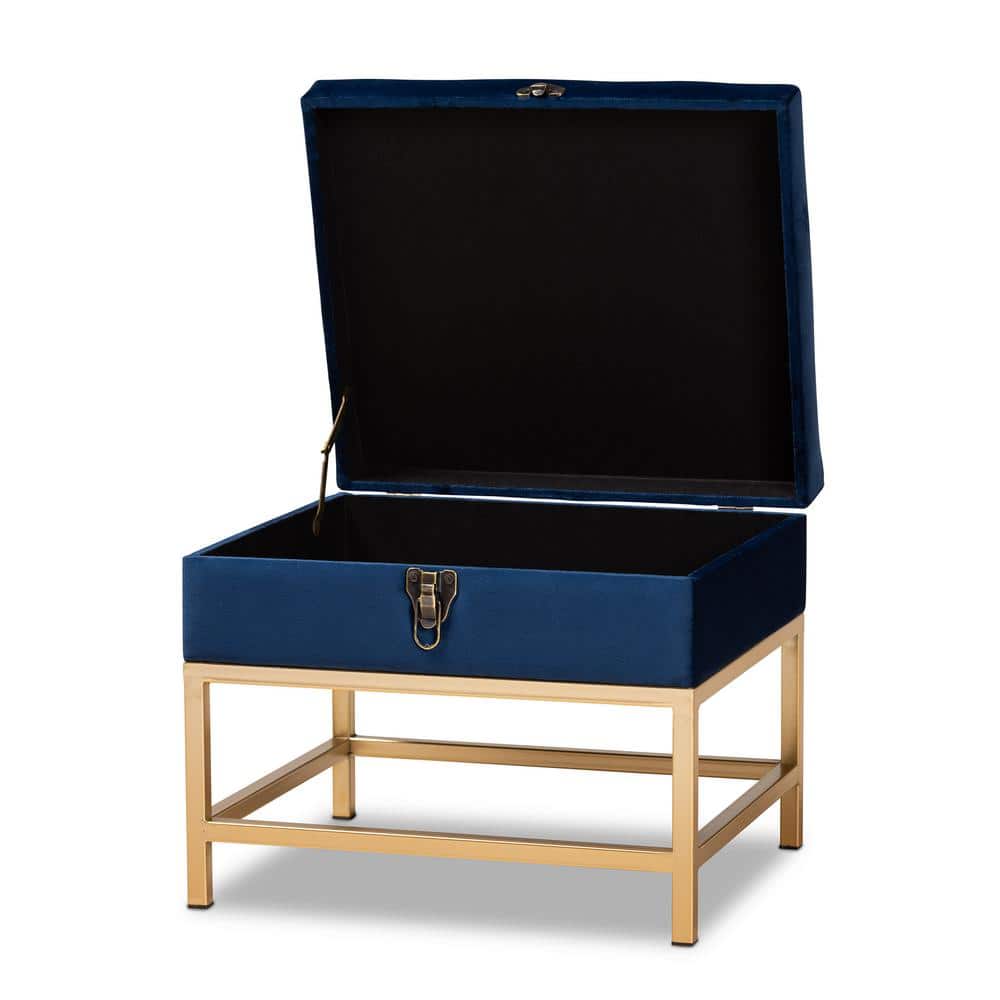 Navy Blue Velvet Tufted Storage Ottoman with Gold Metal Legs