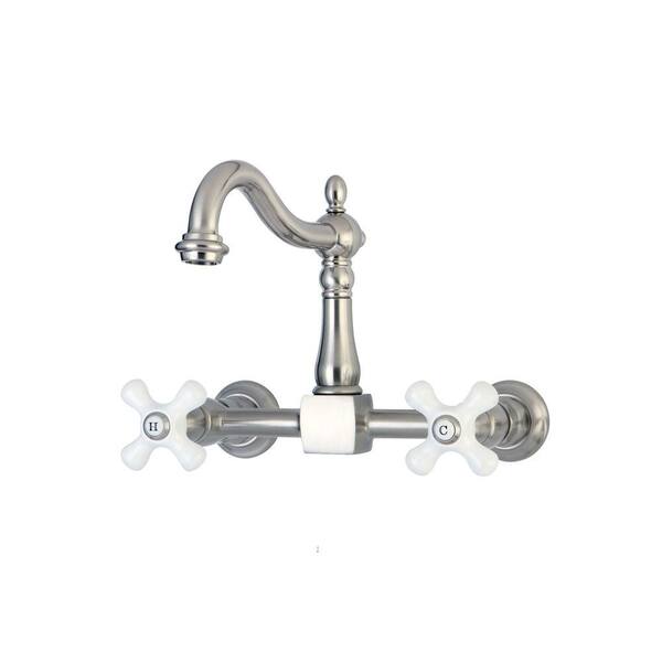 Kingston Brass Victorian Porcelain Cross 2-Handle Wall-Mount Kitchen Faucet in Brushed Nickel