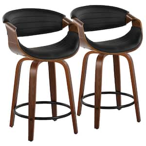 Symphony 24 in. Black Faux Leather, Walnut Wood and Black Metal Fixed-Height Counter Stool (Set of 2)