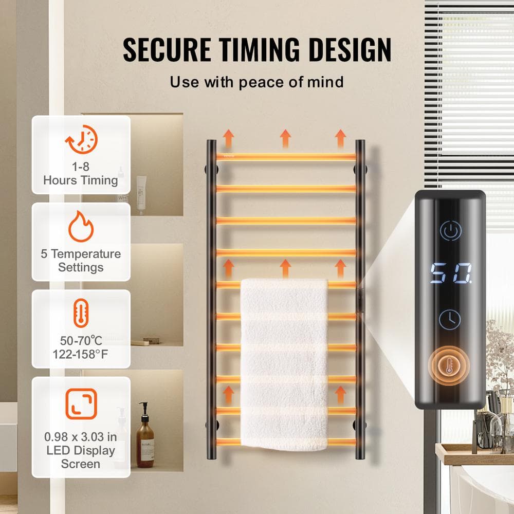 Black Stainless Steel 10-Bar Wall Mounted Heated Towel Rack