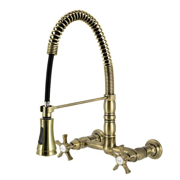 Hamilton 15.94 in. H 2-Handle Wall Mount Standard Kitchen Faucet in Antique Brass