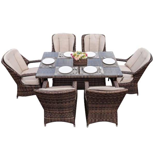 Brown 7-Piece Wicker Outdoor Dining Set Beige Cushion