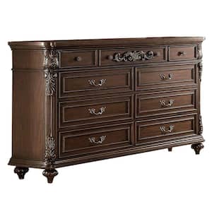17 in. Brown 9 Drawers Dresser with Molded Details and Metal Handle