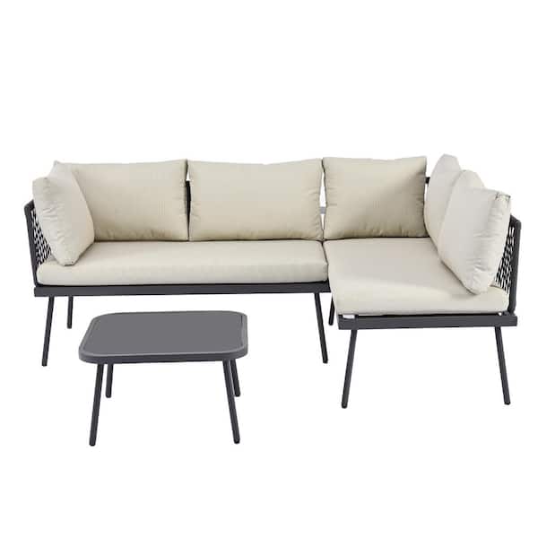 Sudzendf 3-Piece Patio Black Metal Outdoor Sectional Set, Sofa Set with Beige Cushions and Glass Table