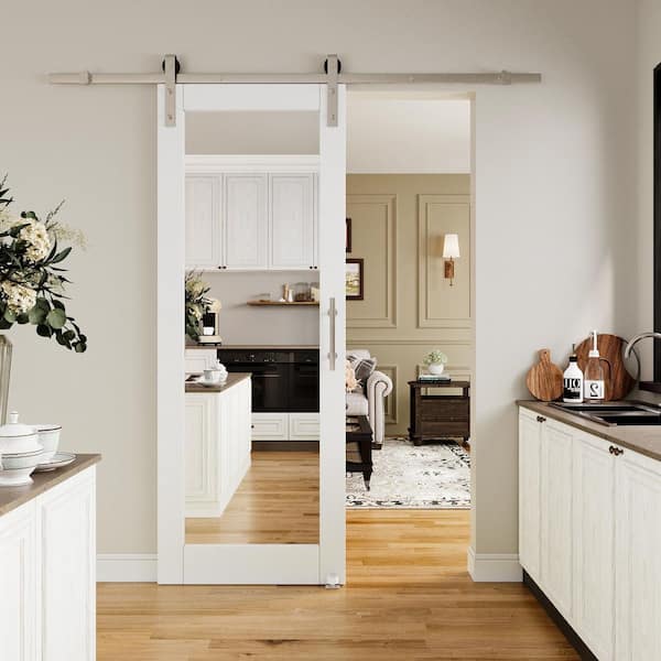 EH PUERTA 30 in. x 80 in. 1-Lite Mirrored Glass White Primed MDF Sliding Barn Door with Hardware Kit Nickel Plated