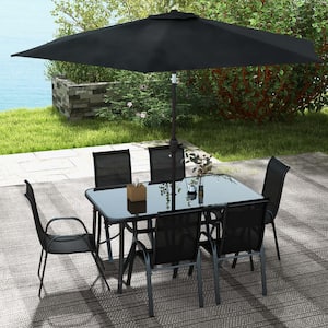 7-Piece with an Umbrella Brown, Black Outdoor Dining Set