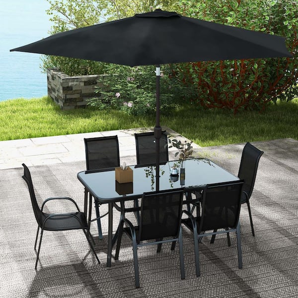 Outsunny 7-Piece with an Umbrella Brown, Black Outdoor Dining Set