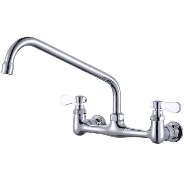 Double Handle Wall Mounted Standard Kitchen Faucet, Commercial Faucet with 12 in. Long Spout in Polished Chrome