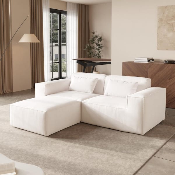 87 in. Square Arm Cloud Fleece Fabric Sofa Deep Seat Modular Sectional Sofa with Ottoman in Beige