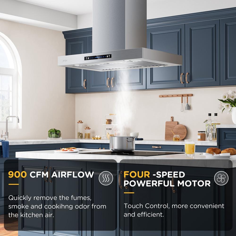 IKTCH 36" Stainless Steel Island Range Hood with Gesture Control