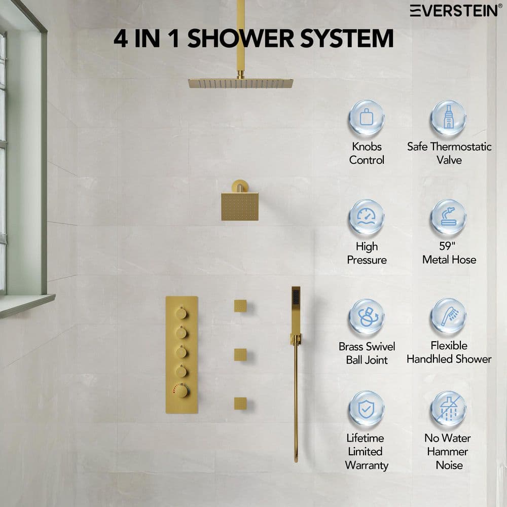 16" Brushed Gold Multi-Head Rainfall Shower System with Handheld