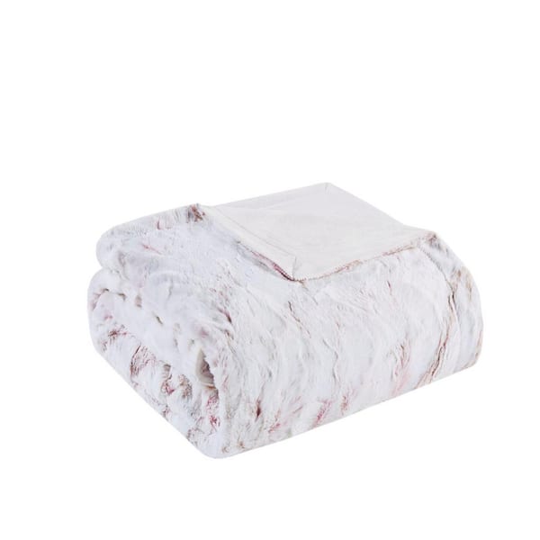 60 in. x 70 in. Blush Oversized Faux Fur Throw - Marble Print Long Throw Blanket