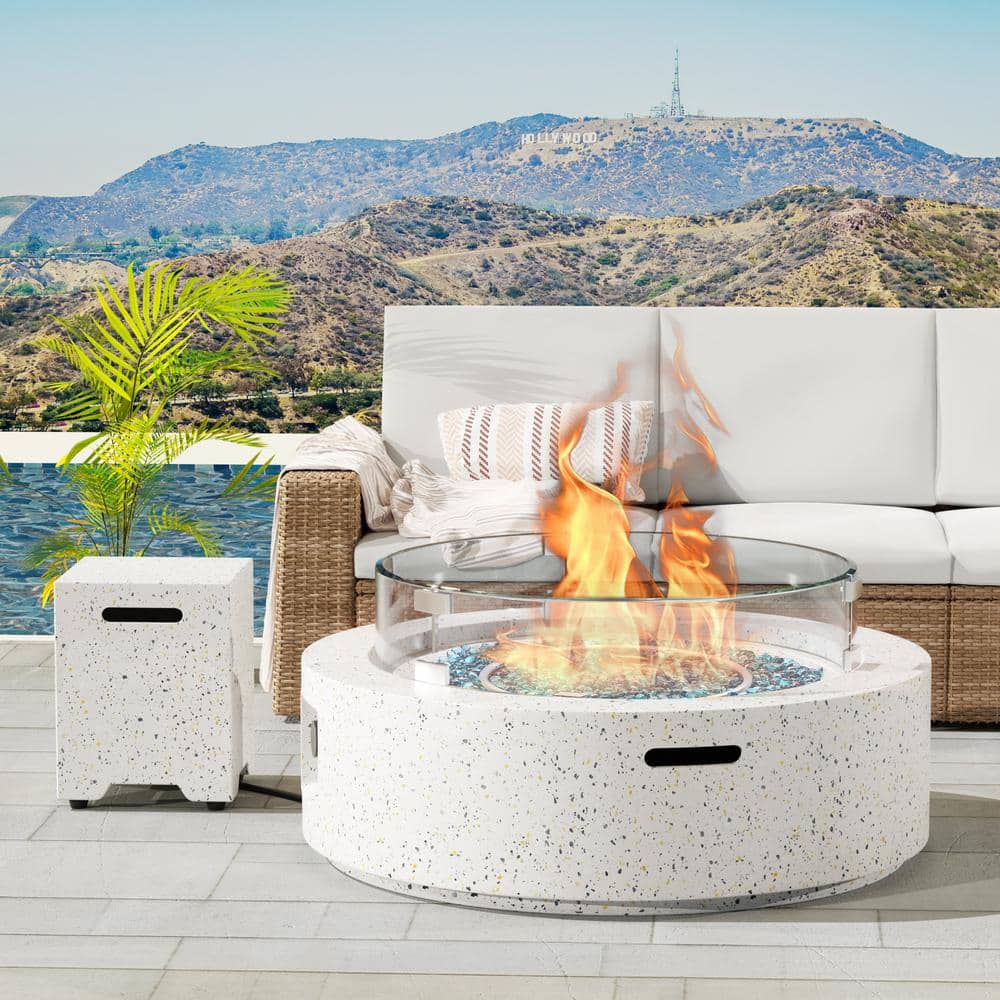 50000 BTU White Round Concrete Outdoor Propane Fire Pit Table with Wind Gua