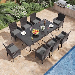 10-Piece Wicker Square Patio Outdoor Dining Set with Glass Tabletop and 1.5 in. Umbrella Hole, Grey Cushion