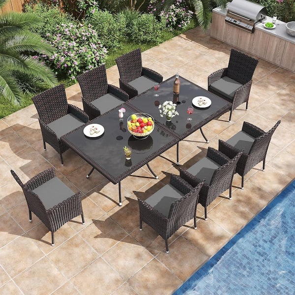 Halmuz 10-Piece Wicker Square Patio Outdoor Dining Set with Glass Tabletop and 1.5 in. Umbrella Hole, Grey Cushion