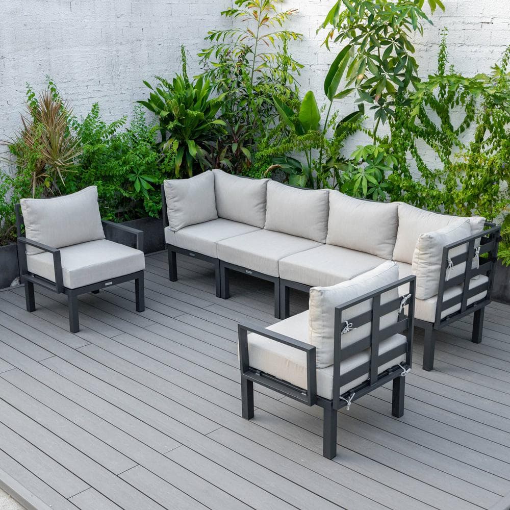 Leisuremod Chelsea Black 6-Piece Aluminum Outdoor Patio Sectional with ...
