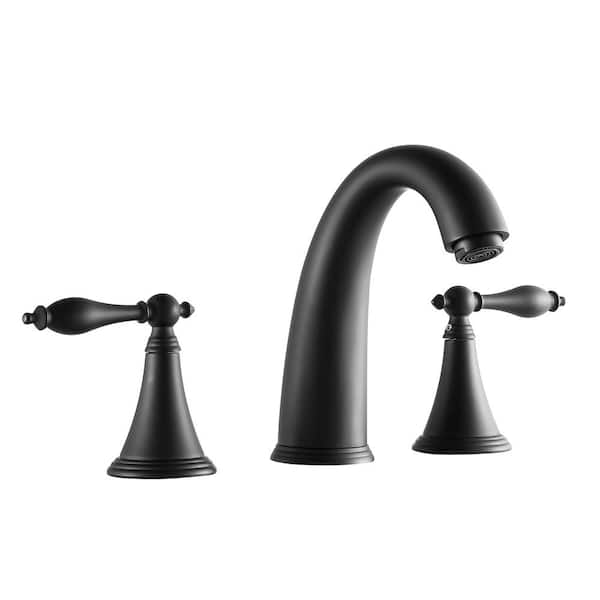 Magic Home 8 in. Widespread Double Handle Deck Mount Bathroom Faucet with Pop-up Drain and Water Hoses in Matte Black