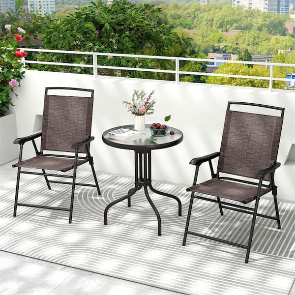 3-Piece Metal Round Outdoor Bistro Furniture Set Patio Folding Chairs and Table