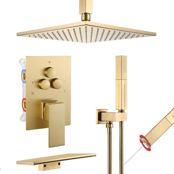 Vanfoxle Single Handle 1-Spray 3 Spray Patterns Shower Faucet 1.8 GPM with Pressure Balance, 10 in. Shower Head Brushed Gold