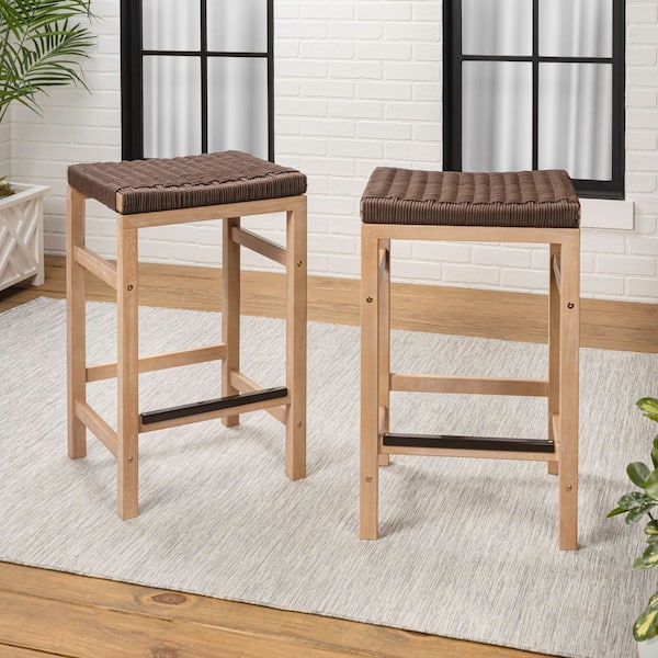 Armand 25.6 in. Coastal Backless Acacia Wood Outdoor Counter Stool with Woven Rope Seat, Light Teak/Brown (Set of 2)