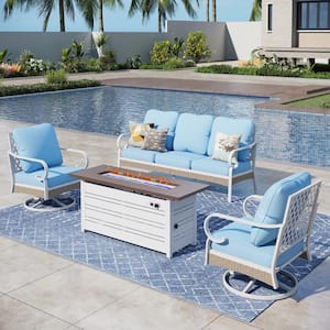 White 4-Piece Metal Outdoor Patio Conversation Set With Swivel Chairs, 50000 BTU Fire Pit Table and Beige Cushions