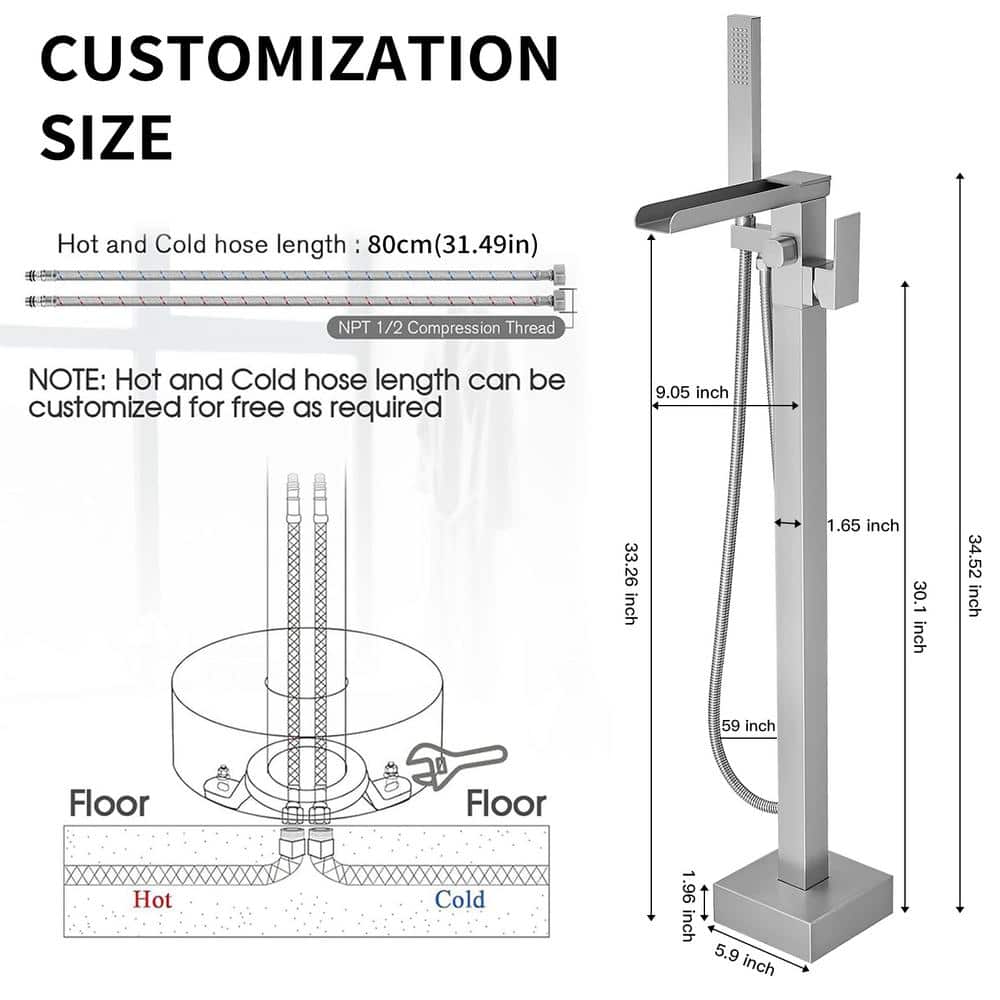 Brushed Nickel Freestanding Waterfall Tub Faucet with Hand Shower