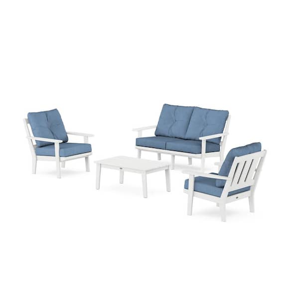 POLYWOOD Oxford 4-Pcs Plastic Patio Conversation Set with Loveseat in White/Sky Blue Cushions