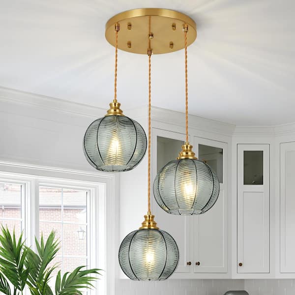 Kinlea 3 Light Green Cluster Chandeliers with Globe Striped Glass Shape Hanging Pendant Lights with No Bulbs Included