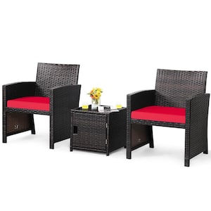 3-Piece Patio Wicker Furniture Set Storage Table with Protect Cover Red