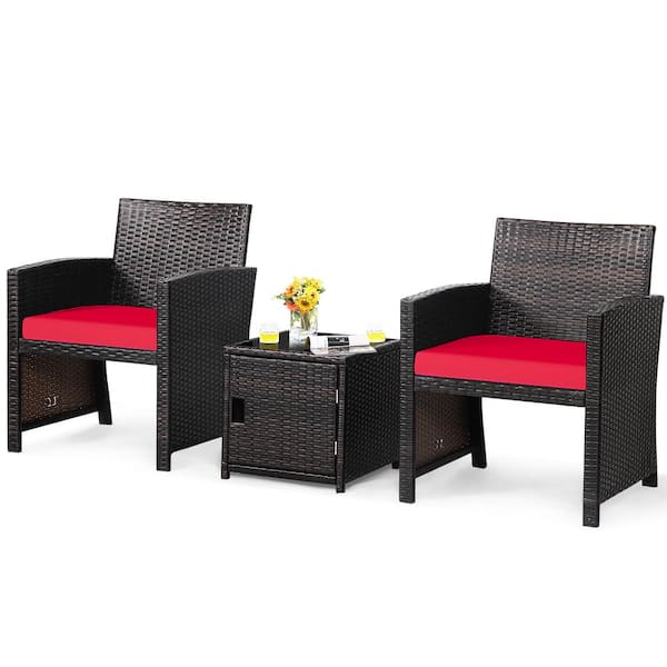 Costway 3-Piece Patio Wicker Furniture Set Storage Table with Protect Cover Red