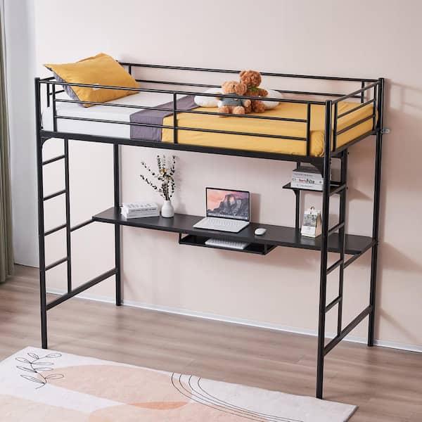 Black Loft Bed Twin Size with Table Shelf Elevated Bed Iron Bed Black