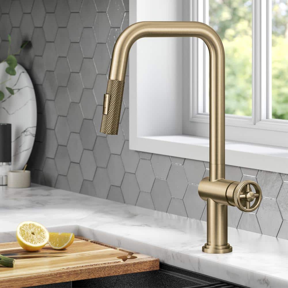 Brushed Gold Industrial Pull-Down Kitchen Faucet with Spray