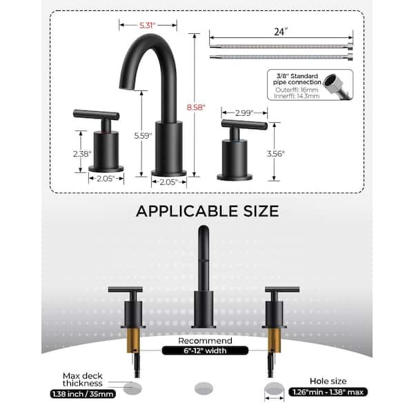 Bathroom Faucet 3 Hole, 8 Inch Matte Black Bathroom Sink Faucet Widespread with 360° Swivel Spout