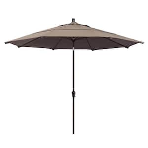 11 ft. Bronze Aluminum Market Patio Umbrella with Auto Tilt Crank Lift in Taupe Sunbrella